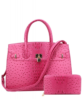 Ostrich Croc Padlock 2n1 Satchel Faux leather OS1096W FUCHSIA